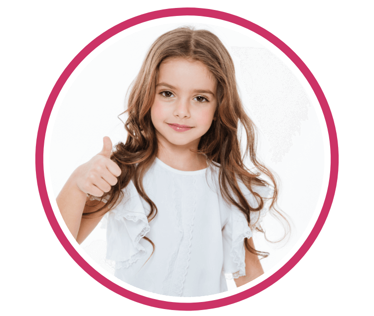 A young girl with long brown hair, wearing a white shirt, gives a thumbs-up and smiles slightly. She is framed inside a circular pink border, highlighting her confidence from Vytala clinical nutrition’s fat malabsorption treatment.