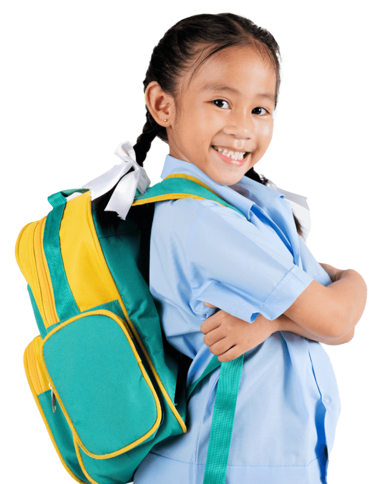 A cheerful young girl with a colorful backpack, poised and excited for her day ahead.