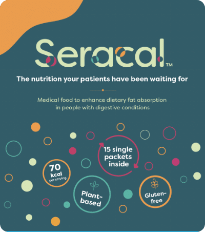 Seracal medical food packaging highlights it as a plant-based, gluten-free exocrine pancreatic insufficiency nutrition option, with 70 kcal per serving and 15 single packets, designed for dietary fat absorption in people with digestive conditions.