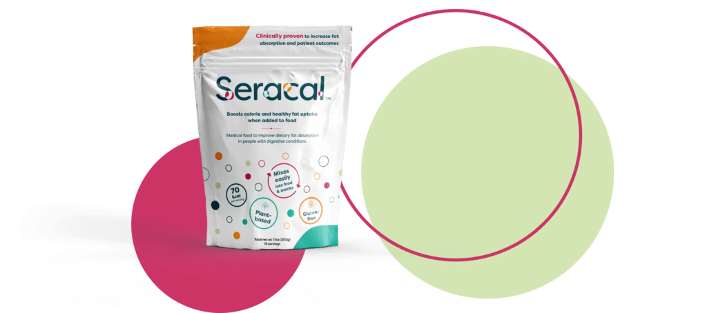 A Seracal product pouch stands upright against a white background with overlapping pink and green circles. The packaging highlights benefits like improved nutrient absorption, featuring Lym-X-Sorb fat absorption technology and colorful design accents.