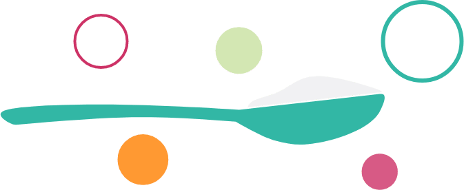 A stylized teal spoon with colorful circles of varying sizes in orange, pink, green, and teal scattered around it on a light background, inspired by Lym-X-Sorb fat absorption technology for exocrine pancreatic insufficiency nutrition.
