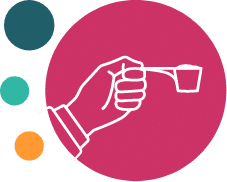 A white outline of a hand holding a measuring scoop is set against a large pink circle, with three smaller circles in teal, light teal, and orange on the left—alluding to medical food for EPI and advances like Lym-X-Sorb fat absorption technology.