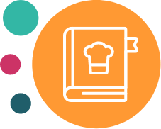 A white outline of a cookbook with a chef hat, symbolizing Vytala clinical nutrition, is centered in an orange circle. Three colored circles (teal, magenta, and dark teal) are arranged vertically on the left.
