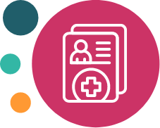 Icon of medical records with a user profile and a medical cross, displayed on a pink circular background. Three colored dots (dark teal, teal, and orange) highlight options for fat malabsorption treatment using Lym-X-Sorb fat absorption technology.