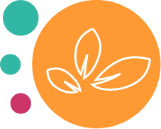 An orange circle with three white outlined leaves inside, representing Vytala clinical nutrition. To the left of the circle are three smaller colored circles: teal at the top, green in the middle, and pink at the bottom.