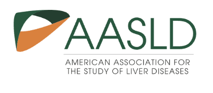 AASLD logo featuring a green and orange abstract shape at the top left, with AASLD in large green letters and American Association for the Study of Liver Diseases written below, highlighting advances like Lym-X-Sorb fat absorption technology.