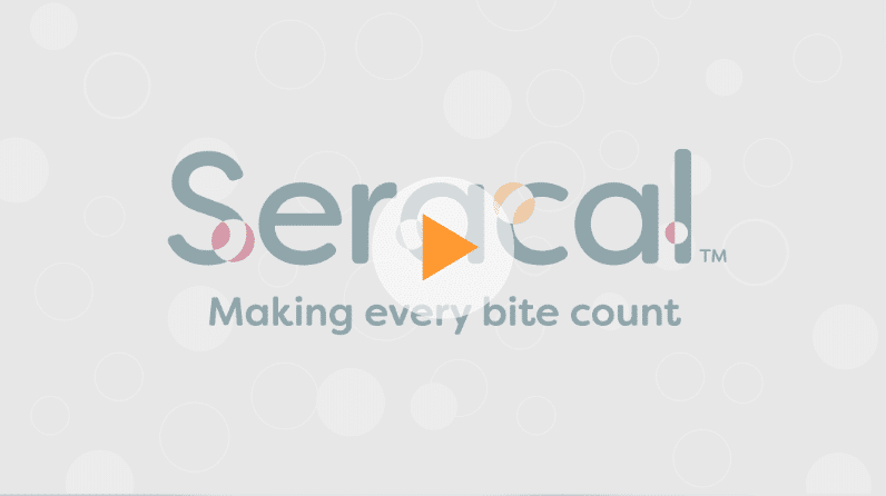 The image displays the Seracal logo with the tagline Making every bite count on a light background featuring subtle circular patterns and a translucent play button overlay, highlighting Seracal medical food for EPI.