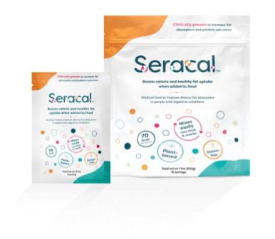 Two Seracal product packages, one small and one large, featuring a white background with colorful circles and orange and teal accents. The text highlights benefits like fat malabsorption treatment and mentions plant-based ingredients.