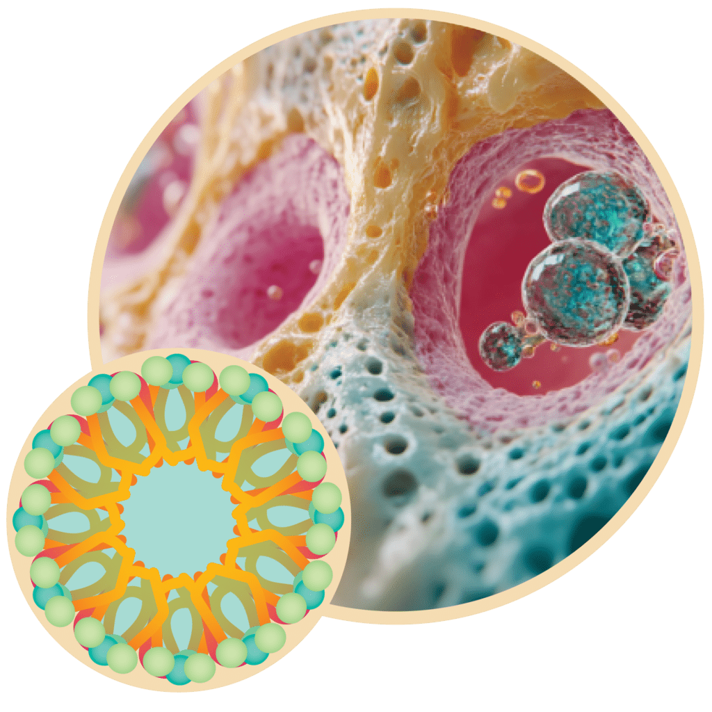 Close-up illustration of a porous, sponge-like structure with colorful bubbles inside, representing Lym-X-Sorb fat absorption technology. An inset circle at the bottom left shows a stylized cross-section highlighting its role in exocrine pancreatic insufficiency nutrition.