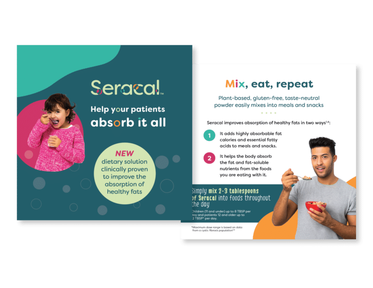Two promotional cards for Seracal. The left card shows a smiling girl eating with a spoon, and highlights Seracals benefits for fat absorption. The right card features a man eating and lists product details and usage instructions.